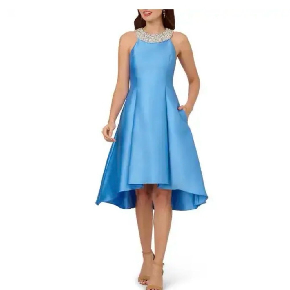 Adrianna Papell Sky Blue Beaded Halter High-Low Dress